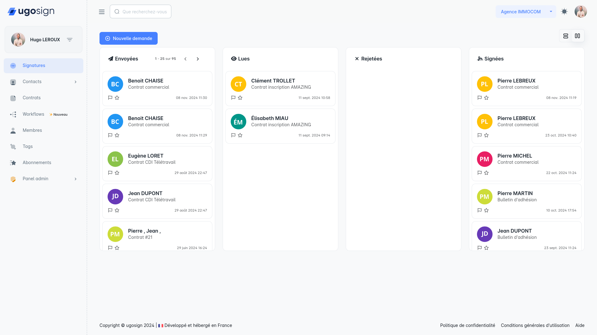 Affichage type kanban de vos signatures électronique.